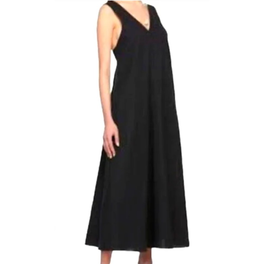 ZARA Black Double V Neck Maxi Dress Sleeveless Flowy S Faux suede tank style NWT